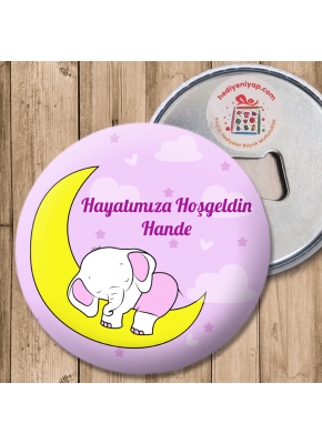 Ay'da Uyuyan Fil Temalı Pembe Hoşgeldin Açacaklı Magnet 