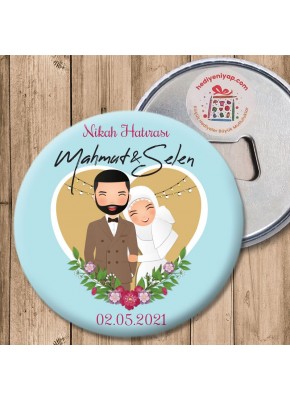 Çiçek ve Figürler Temalı Nikah Hatırası Metal Açacaklı Magnet