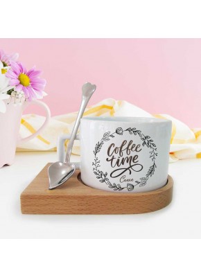 Coffee Time Temalı 2 Ahşap Tepsili Kaşıklı Fincan