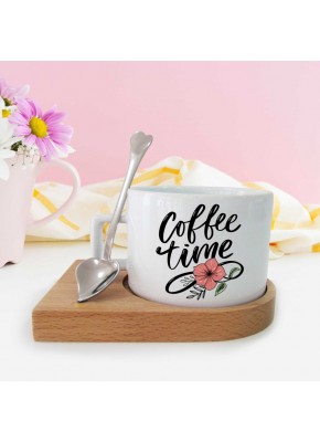 Coffee Time Temalı Ahşap Tepsili Kaşıklı Fincan