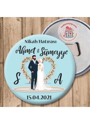 Figürlü Çiçek Çerçeveli Nikah Hatırası Metal Açacaklı Magnet