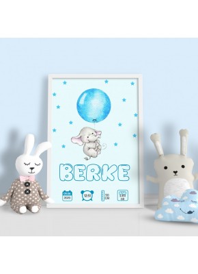 Fil Ve Mavi Balon Temalı Kişiye Özel Çerçeve