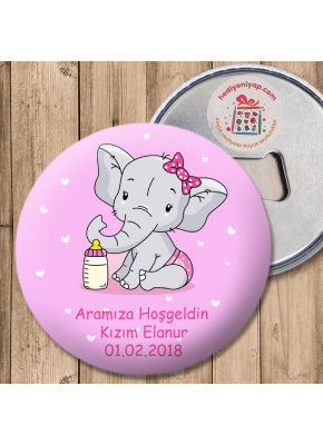 Fil ve Biberon Temalı Pembe Hoşgeldin Açacaklı Magnet