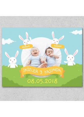 İkiz Tavşan Temalı Doğum Günü Afiş