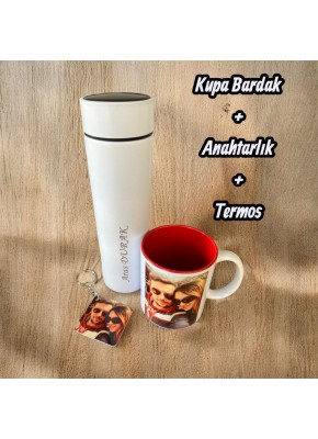 Kişiye Özel İsim Yazılı Termos + Kupa Bardak + Anahtarlık