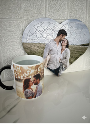 Kişiye Özel Resimli Kalp Puzzle + Sihirli Kupa Bardak