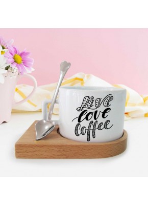 Live Love Coffee Temalı Ahşap Tepsili Kaşıklı Fincan