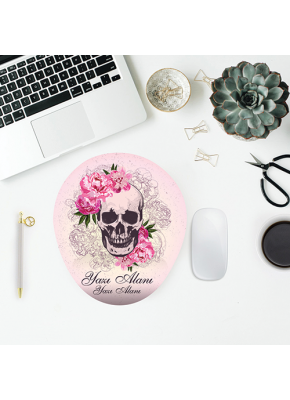 Pembe Çiçekler ve Kuru Kafa Temalı Oval Mouse Pad