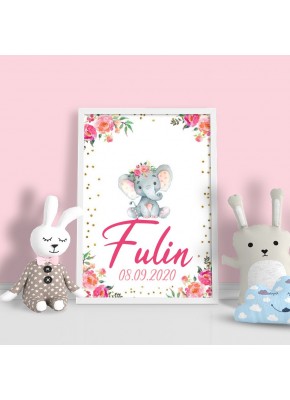 Pembe Çiçek Ve Fil Temalı Kişiye Özel Çerçeve
