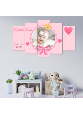 Pembe Kalpli Balonlu  Temalı 5'li Mdf Tablo