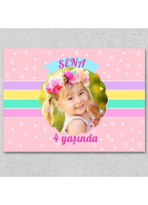 Pembe Ve Gökkuşağı Temalı Doğum Günü Afiş